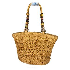 Capelli Straworld Inc Straw Tote Bag With Colorful Wood Beads Handle Decoration